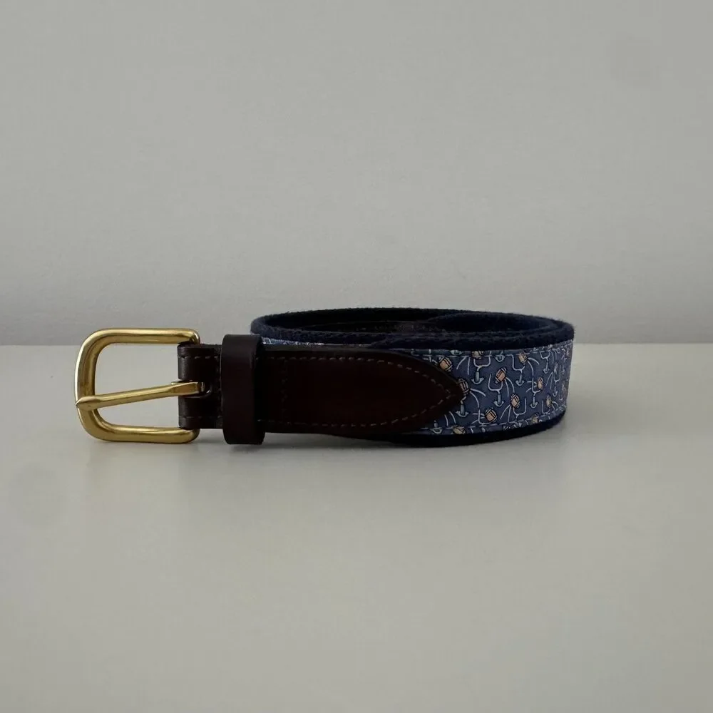 Vineyard Vines Blue Football Print Canvas Leather Belt Size 26 Brass Buckle